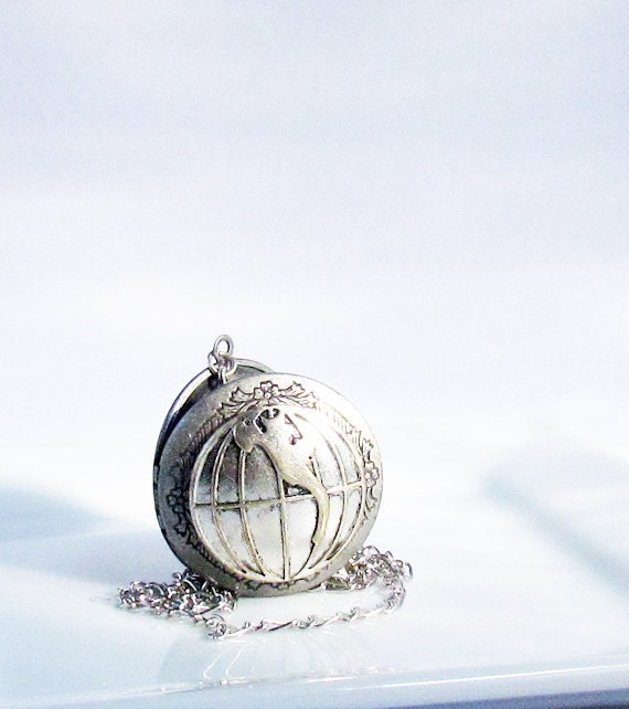 Locket,World Map,Antique Silver Locket,Steampunk Locket,As The World Turns,World Traveler,