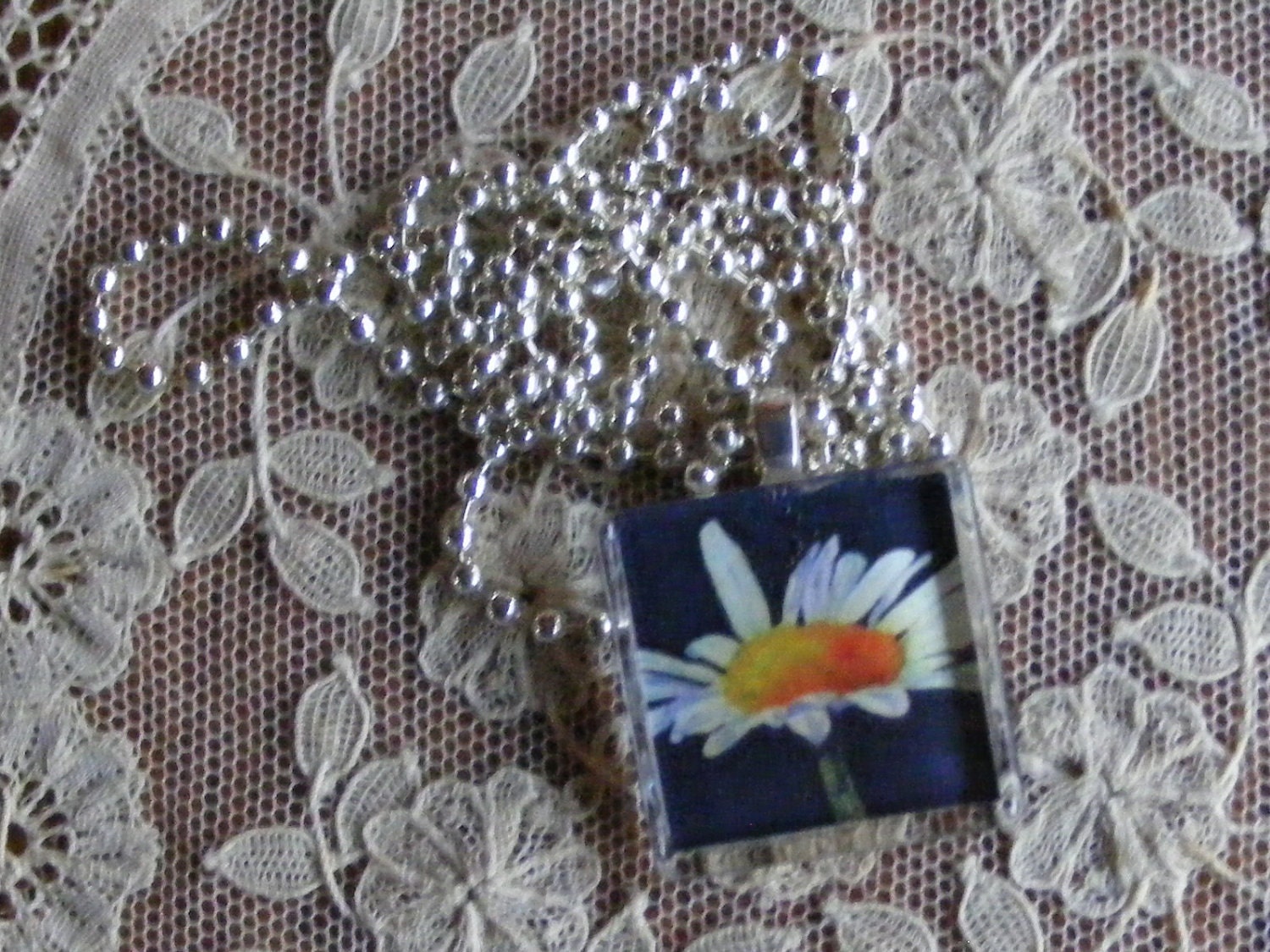 Glass Tile Pendant with Print of Original Watercolor-Daisy