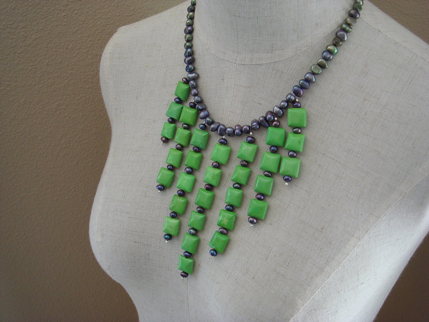 Statement Necklace, Freshwater Pearl and Apple Green Stone