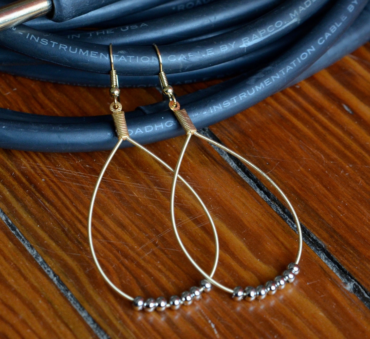 Guitar String Teardrop Earrings Recycled Bronze with Silver Beads Gift for Musician or Music lover