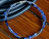 Recycled Guitar String Bangle with Shades of Blue Glass Beads Gift for Musician or Music lover