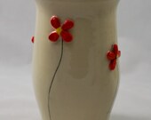 Large White Vase with Red and Yellow 3-D Flowers Stoneware Pottery Gift for Her