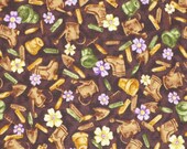 Red Rooster Fabrics - Gardening Shed / Garden Tools on Brown
