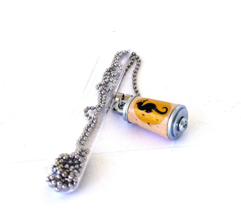 Seahorse Necklace - Cork Jewelry in Test Tube by Uncorked - Mini Yellow Sealife