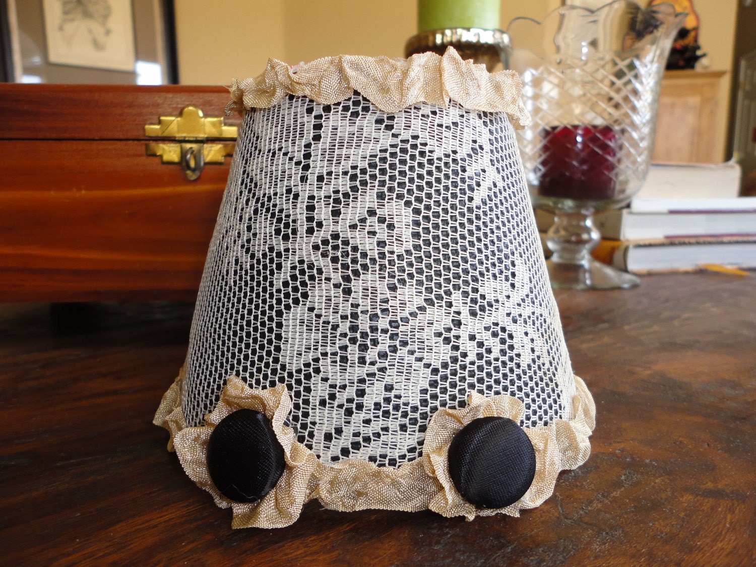 TEA STAINED LACE over little black shade -mini lampshade