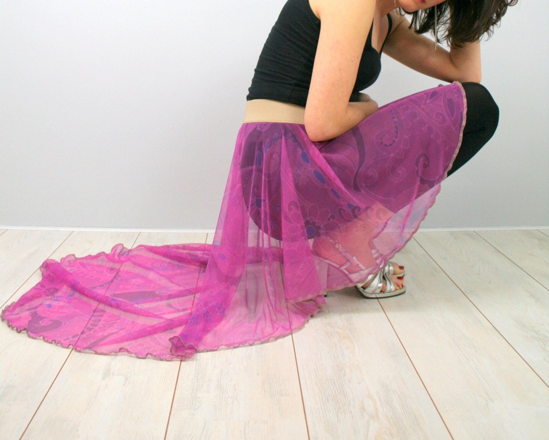 Dance class skirt in hot pink mesh and beige waist - size small US 8 S - by Bartinki