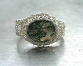 Green Moss Agate Ring Fine Silver Wire Crochet Ring