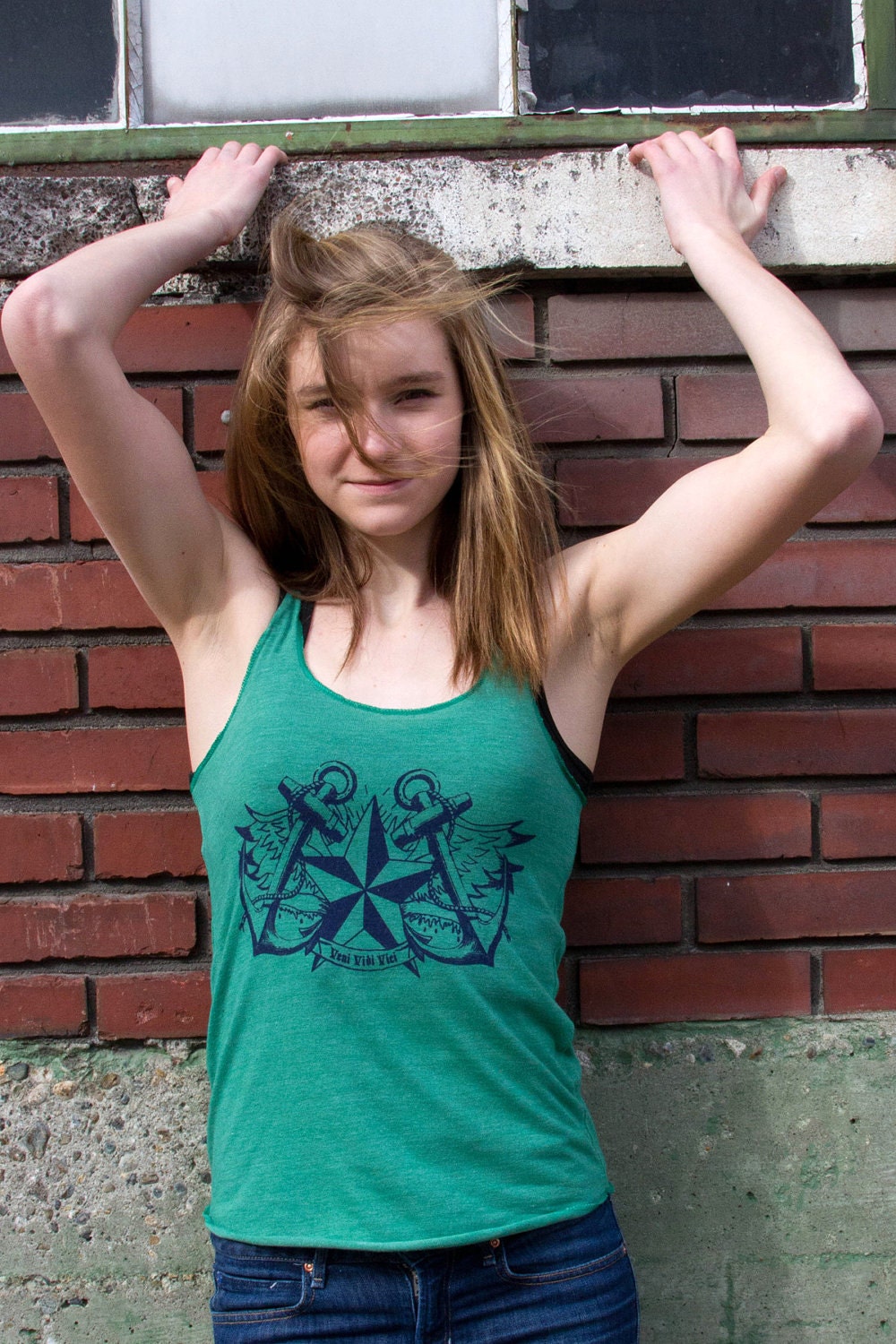Womens Nautical Tank Organic Cotton Green XLARGE