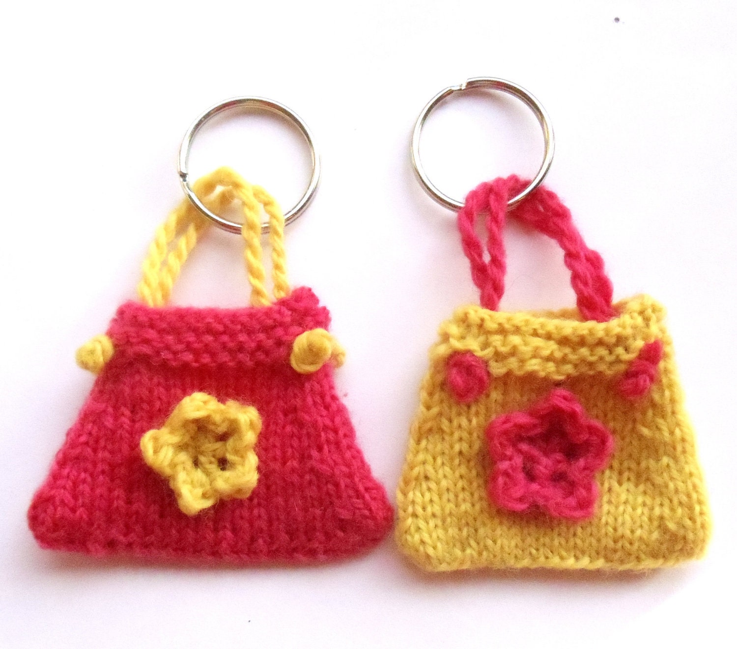 Knitted Bag Keyring Keychain Knit Purse Key Chain Crochet Flower in Pink or Yellow