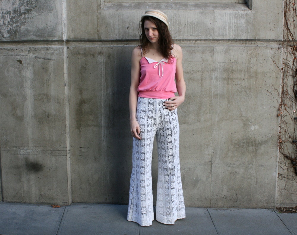 70s LACE BELL BOTTOM Amazing White High Waist Crochet Pants