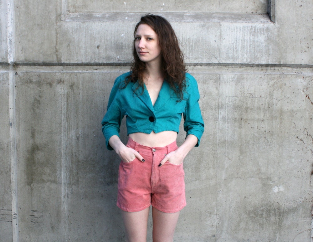 CROPPED HOUNDSTOOTH BLAZER - 80s Teal and Black - small