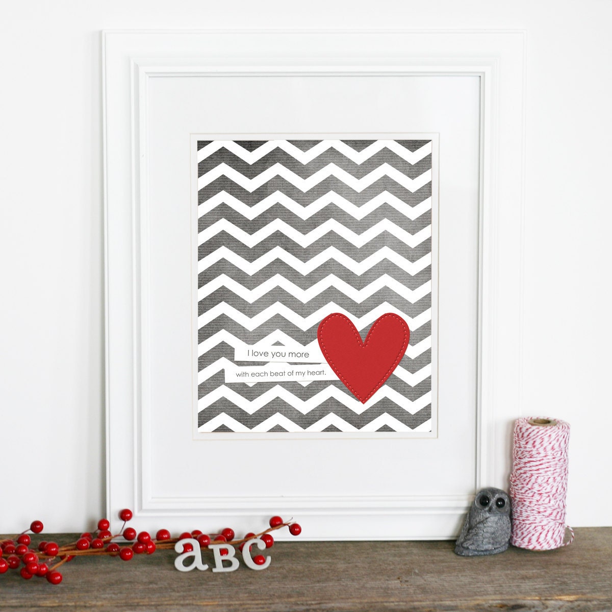 Every Beat of My Heart - Love Wedding Nursery Gray Grey Chevron Red Heart - Love Art Print