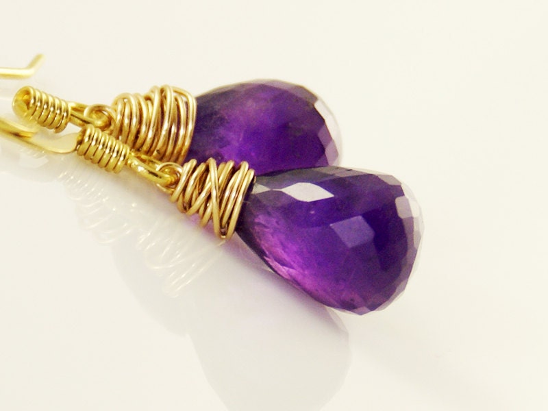 Amethyst Briolette Earrings - 14k Gold