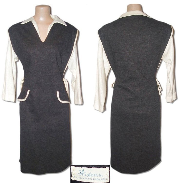 VINTAGE 50s 60s Art-Deco Pencil Dress & Blouse Set Charcoal Gray Wool ATOMIC "HIXONS" L