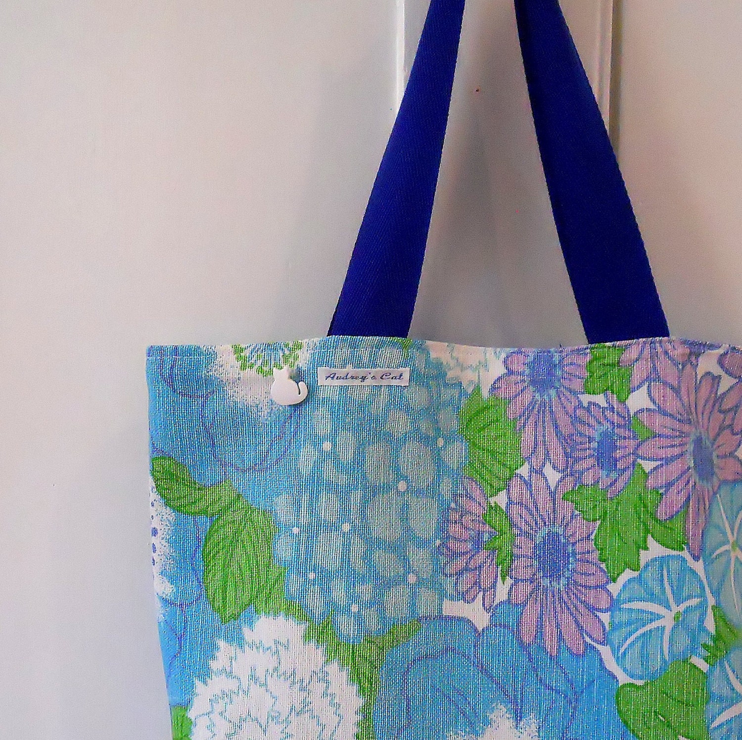 Vintage Fabric  Shopper / Tote Bag in 70s retro floral blue and lilac
