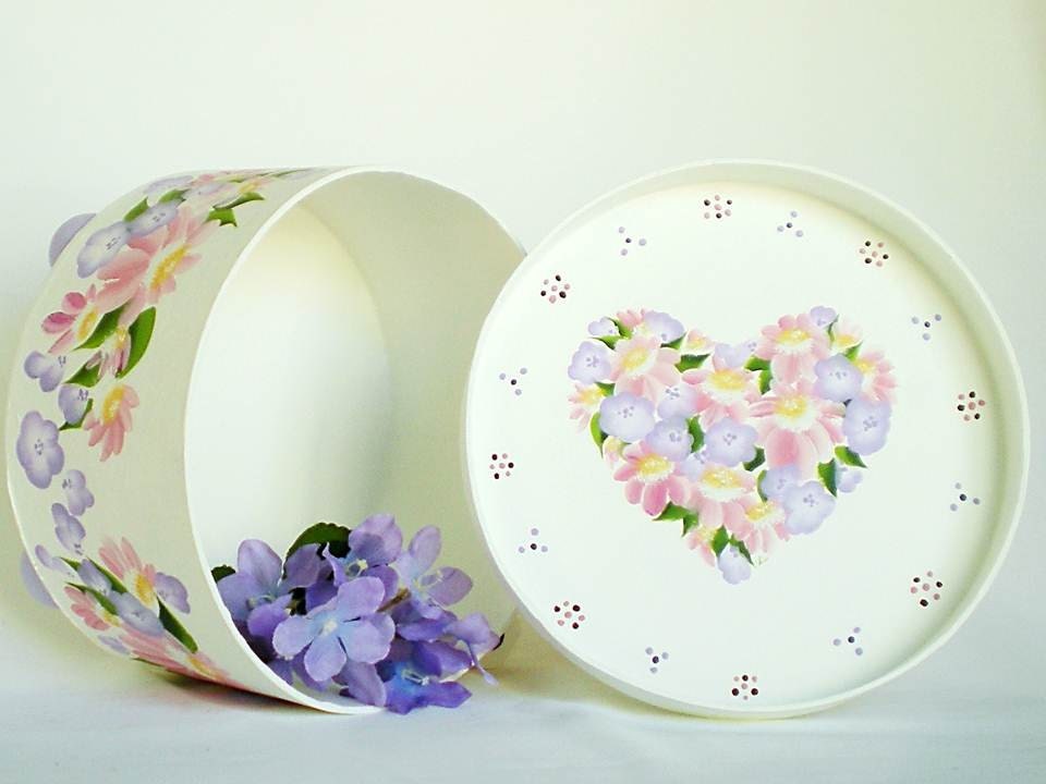 Hand Painted Hat Box - Crisp White with Pink, Blue, Purple Floral Heart, Polka Dot Border, Inside Design too - XL 12 in. Round