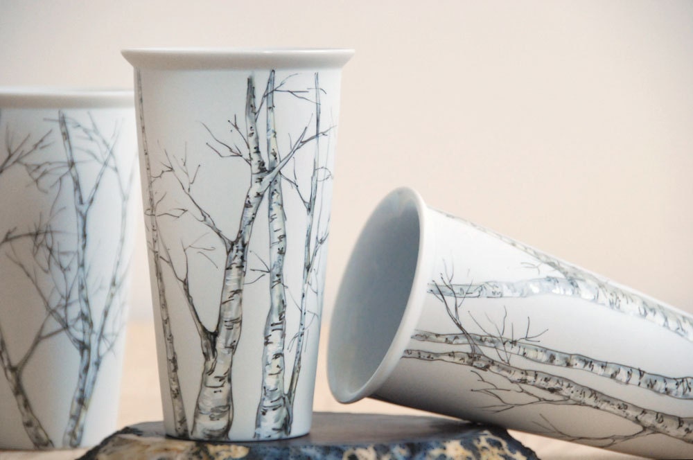 Eco-Friendly Painted Ceramic Travel Mug - Birch Trees - made to order - yevgenia Eco-Friendly Painted Ceramic Travel Mug - Birch Trees - made to order - yevgenia