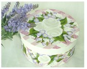 Painted Hat Box - Dusty Pink Gingham Background, White Roses, Periwinkle Blue Flowers - Storage Mothers Day 7.5 inches