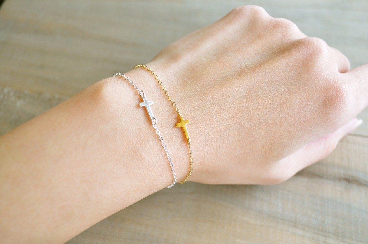 Sideways Cross Bracelet Mini / Tiny - 24K Gold Vermeil - Celebrity bracelet, Kelly Ripa, Taylor Jacobson, Jennifer Lopez, Easter, Religious