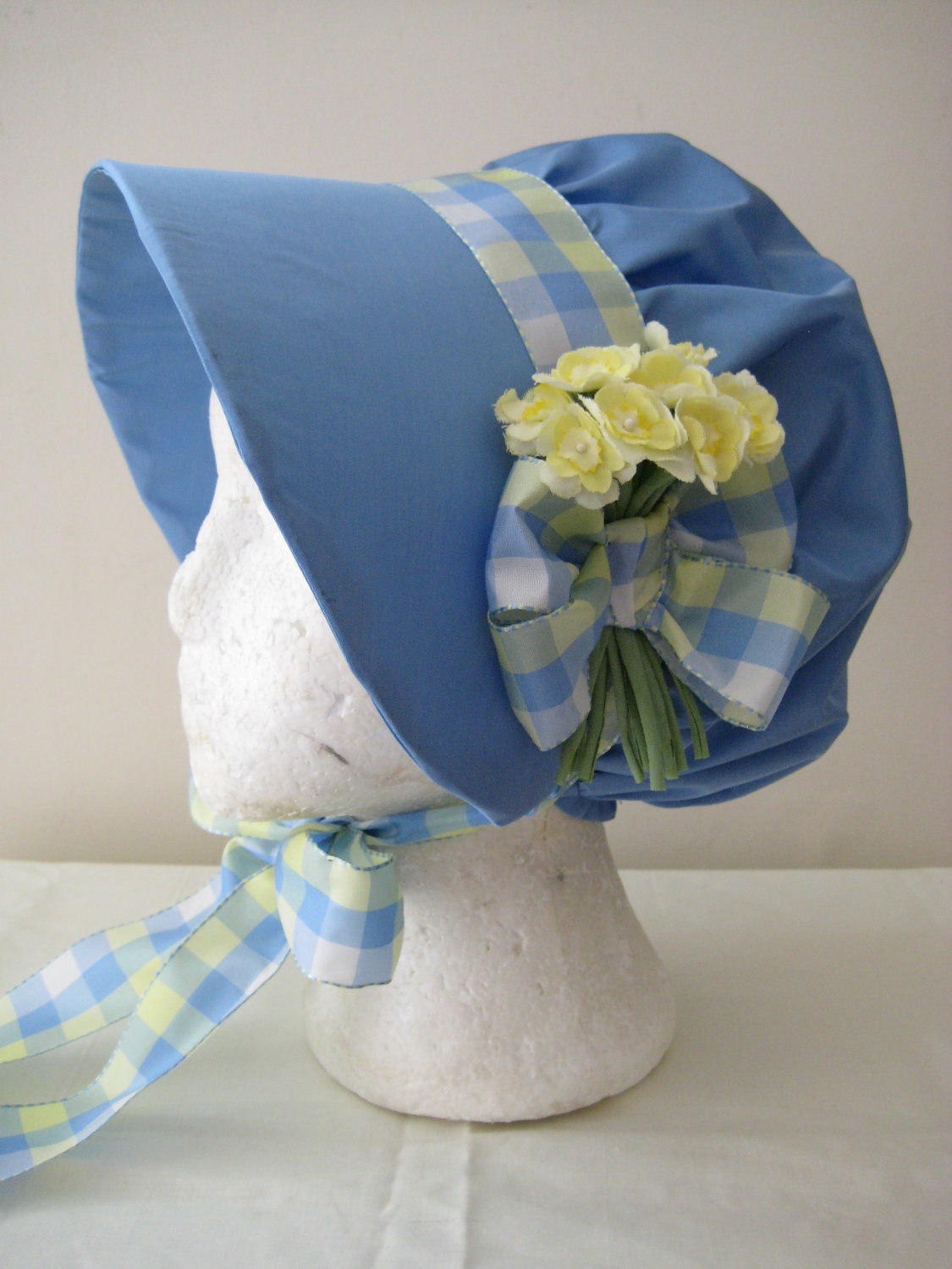 Regency Bonnet/Reticule. Blue Silk Taffeta with Primroses and Plaid Ribbons. READY TO SHIP