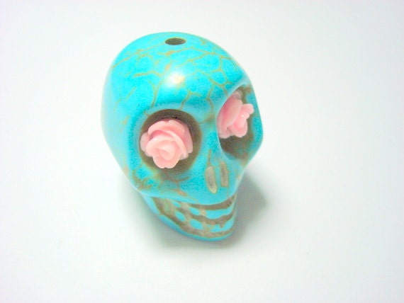 Gigantic Turquoise Howlite Skull Bead or Pendant  with Pink Roses in Eyes