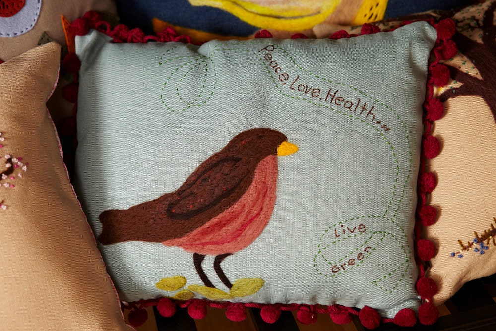 Bird Pillow, eco friendly, folk art, embroidery, peace -- Handmade Robin Bird Peace Pillow