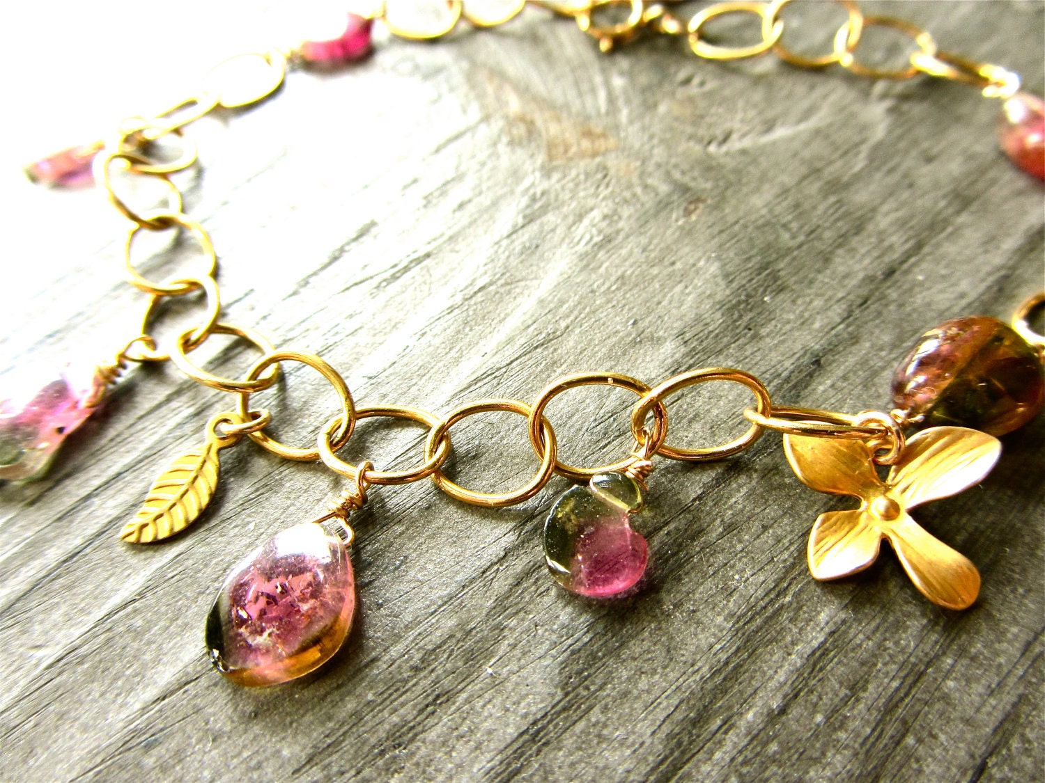 Beautiful Day Watermelon Tourmaline and 14kt Gold Filled Chain Bracelet