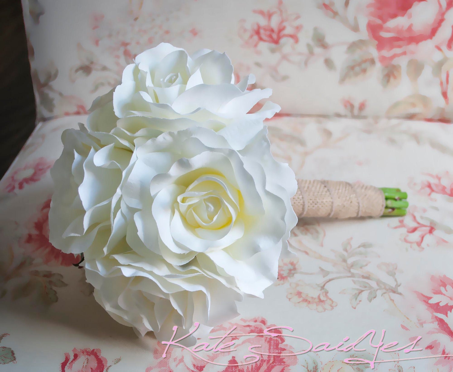 Silk Wedding Bouquet - Small White Rose Burlap Bouquet - Rustic Bridal Bouquet