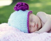 Knit Baby Girl Hat  Aqua with Ruffle Flower Newborn Photo Prop