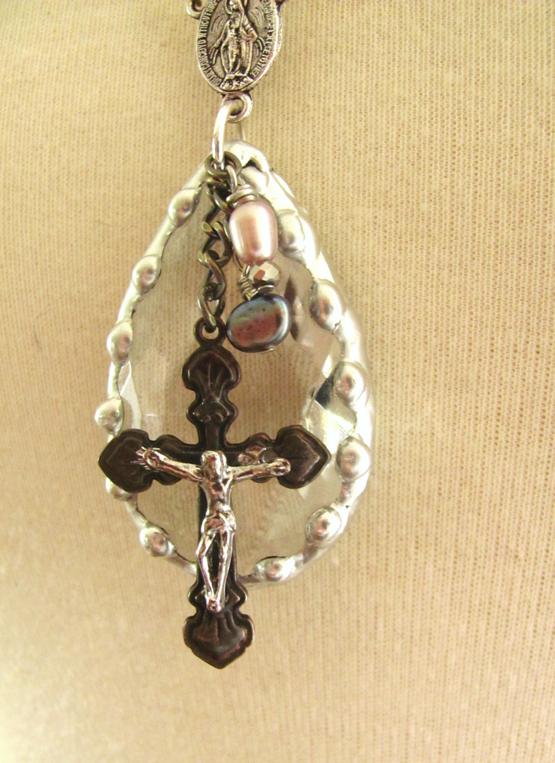 upcycled vintage soldered crystal with cross and freshwater pearls assemblage necklace-free shipping