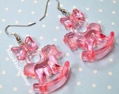 Clear Pink OTT Lolita Decora Fairy Kei Bow And Rocking Horse Dangle Earrings