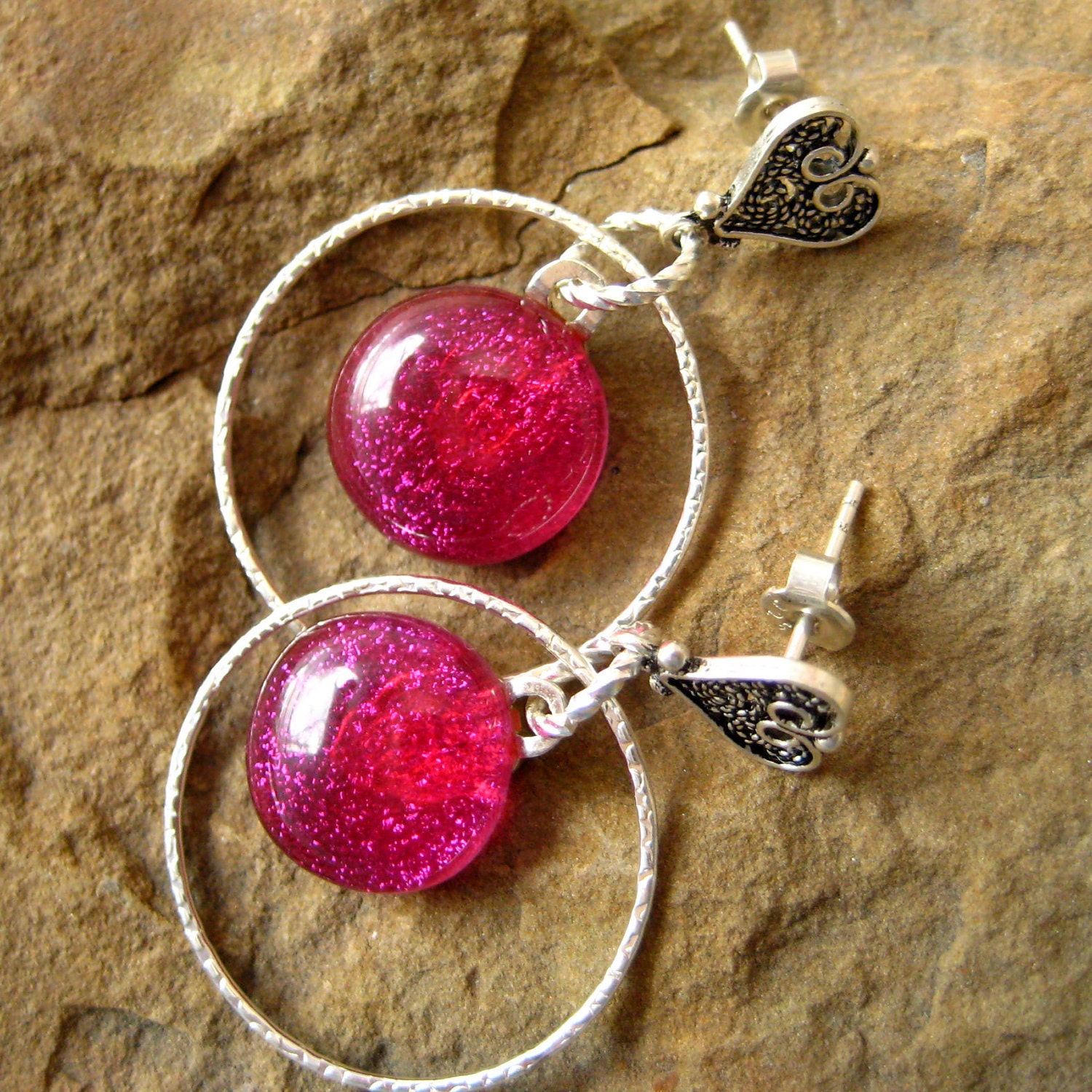 Dichroic Fused Glass Hoop  Earrings, Sterling Silver Hoops and Hot Pink Glass