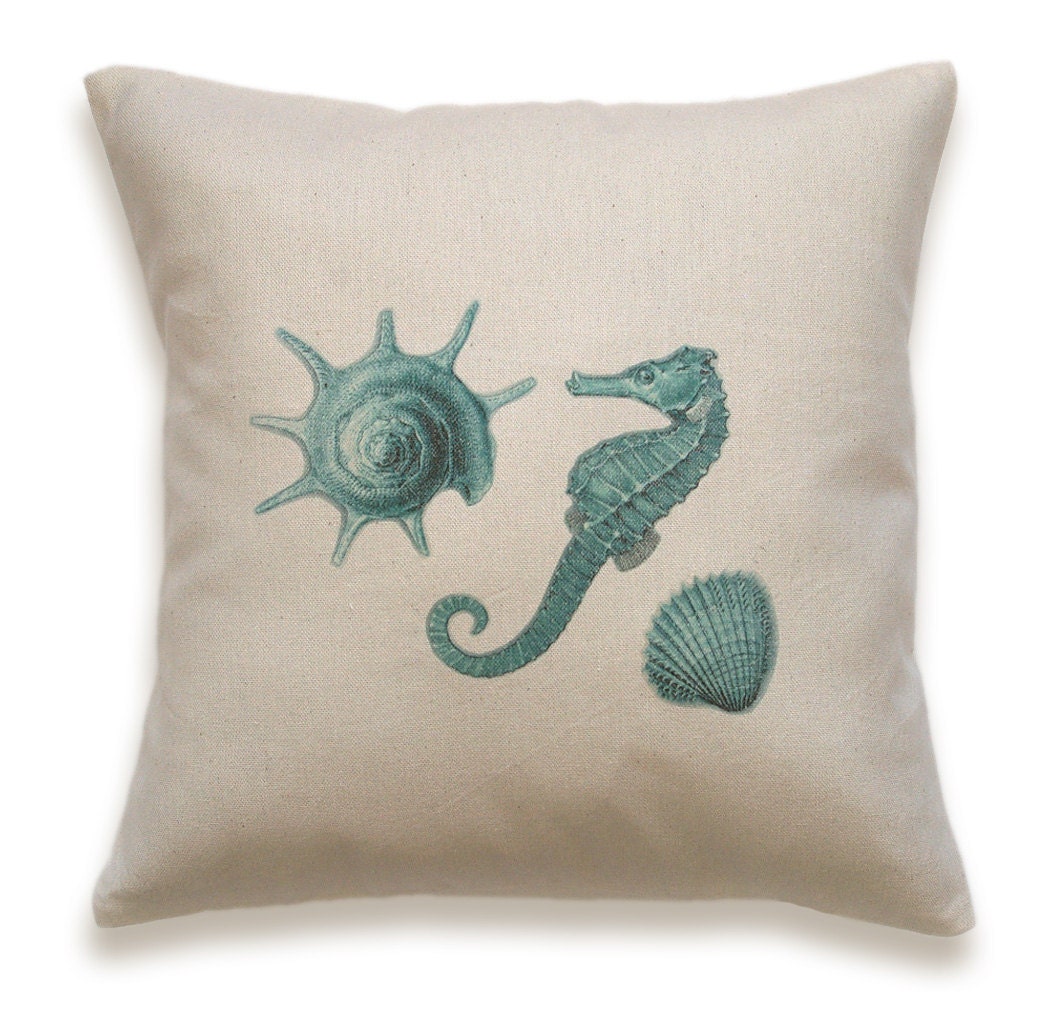 Seahorse Seashell Pillow Cover 16 inch Natural Cotton PRINT DESIGN 14