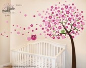 Cherry Tree with Owls wall decals  - 3 cute owl decal with blossom tree for nursery.