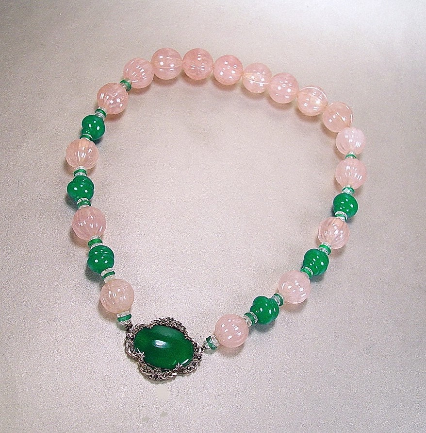 Art Deco Sterling Silver Necklace Rose Quartz Chrysoprase Vintage 1920s Jewelry