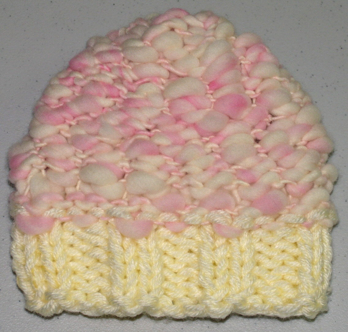 Hand Knit  "Newborn"  Soft Pink and Cream Hat with FREE USA S&H