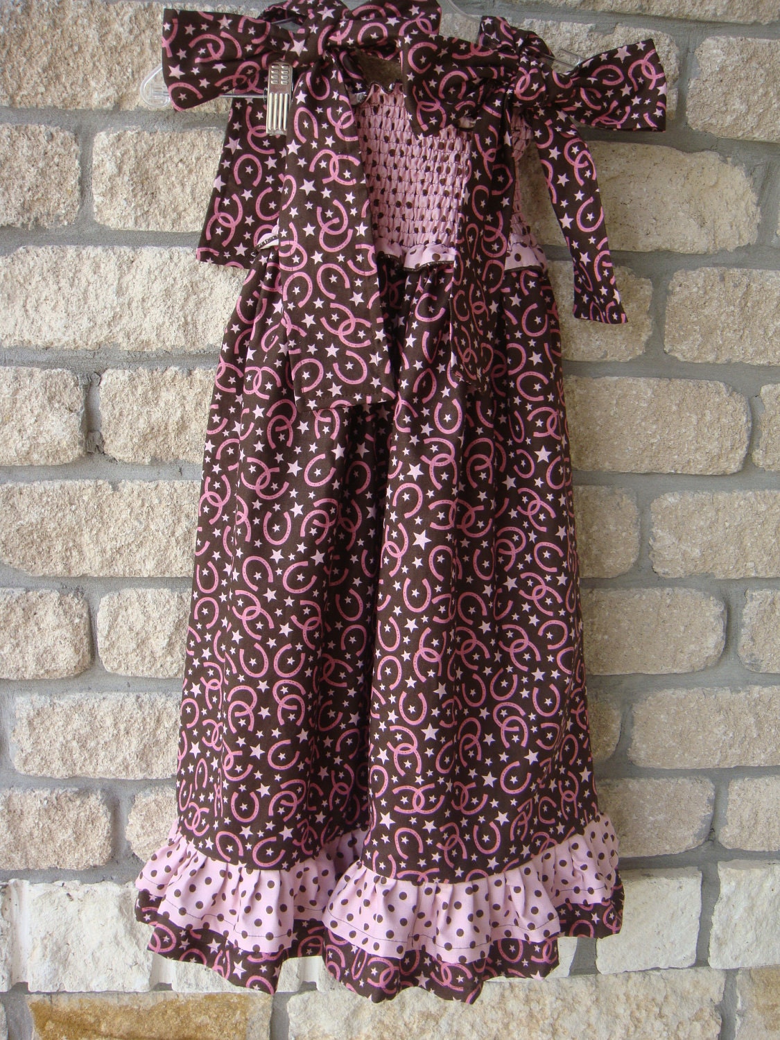 Girls Smocked Sundress - Pink- Brown - Horseshoe Print 1 2 3 4 5 6 7 8