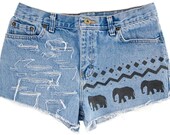 Tribal/Aztec Elephant Shorts, Hand Painted, Vintage Distressed High Waisted Denim, Upcycled W31