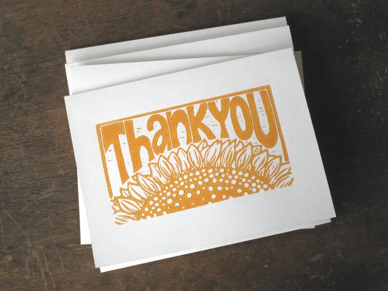 Set of 4 block print thank you cards, sunflower in orange ink