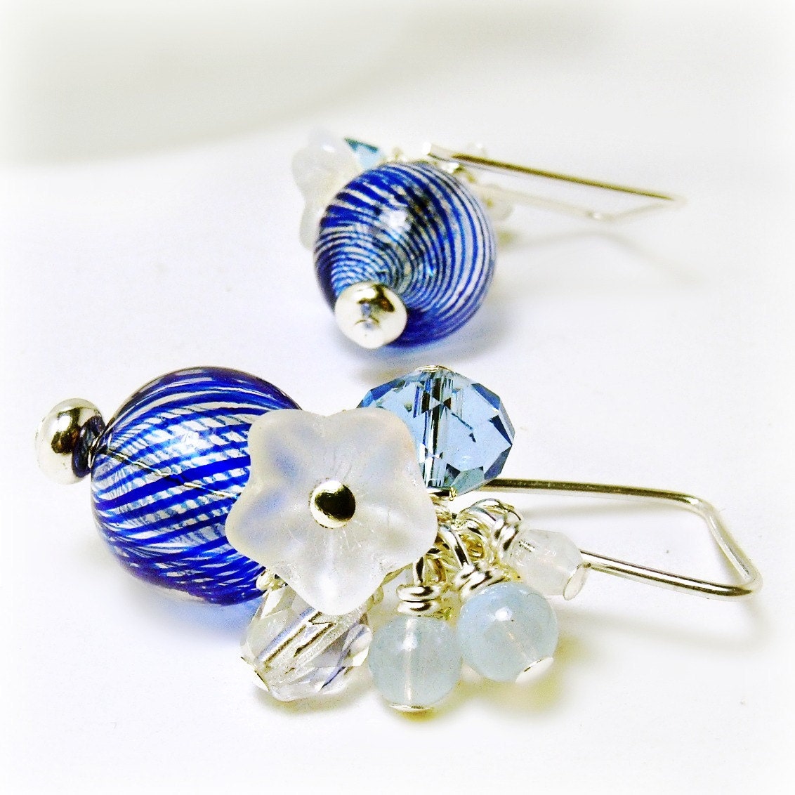 Cobalt Blue HandBlown Glass Earrings-Blue Jewelry-Flower Earrings-Flower Jewelry-Spring jewelry-Hollow Glass-Sterling Silver