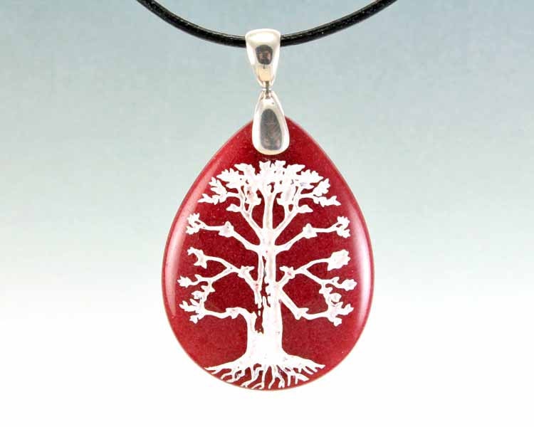 Tree of Life - Red Dyed Jade Engraved Stone Pendant