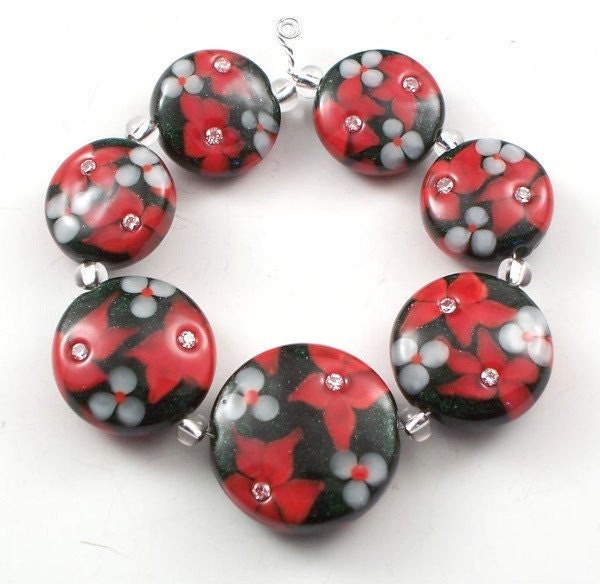 Handmade Lampwork Floral Bead Sparkling  Poinsettias set 7
