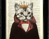 Cat Print - Cat King - ORIGINAL ARTWORK hand painted book art print on 8x10 Vintage Dictionary page, Dictionary art, Dictionary print