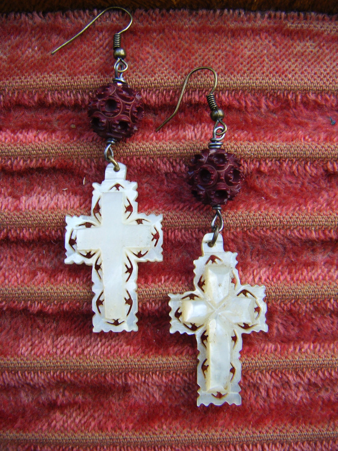 Antique mop cross earrings hand carved religious rosary one of a kind vintage assemblage mother of pearl
