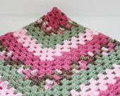 Crib size baby afghan, granny square Mother's day lapghan rectangular blanket pink, green and rose