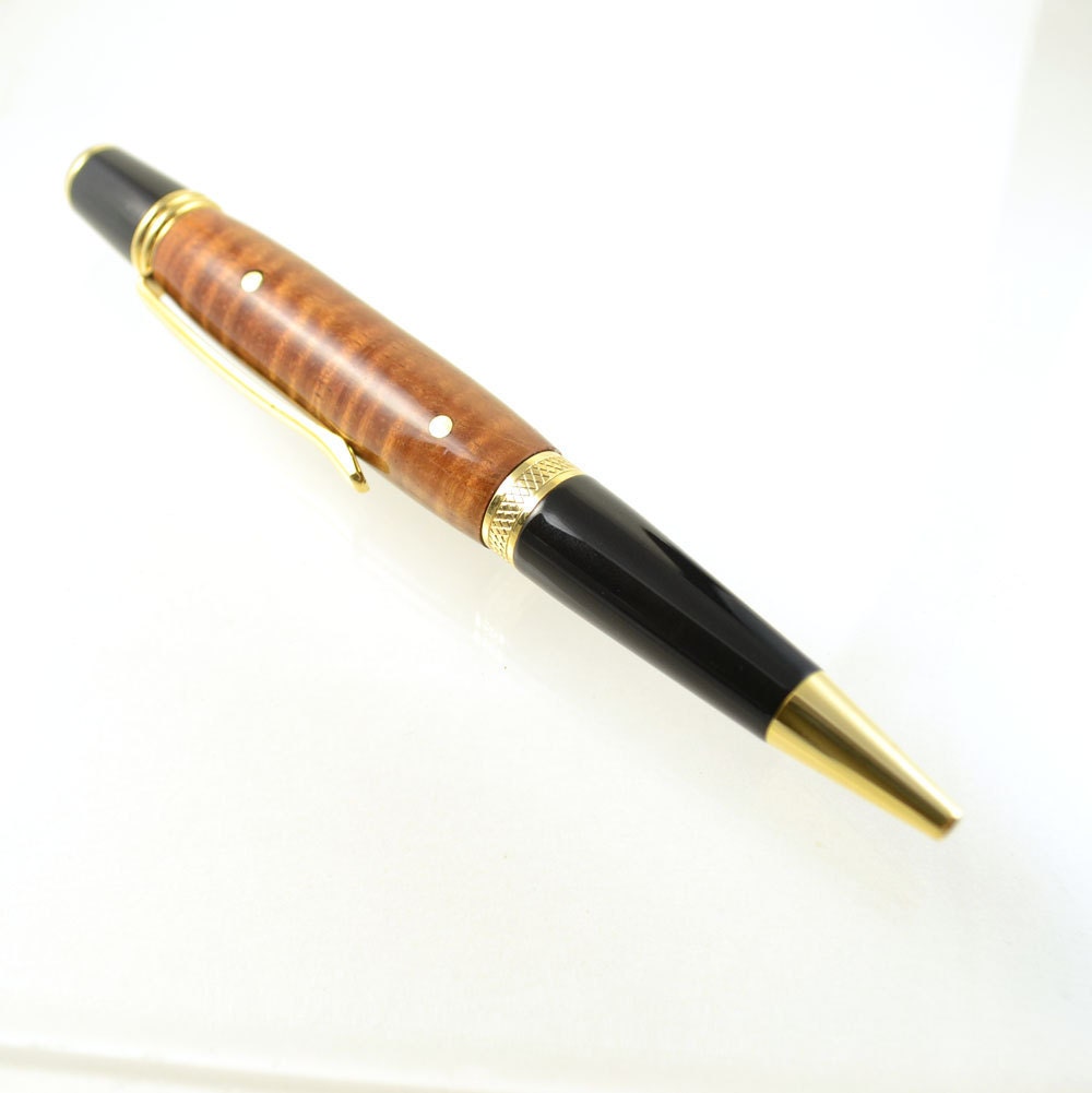 Curly Koa Wood and Brass Inlay Ballpoint Pen - Handcrafted Wooden Pen - norskwoodshop