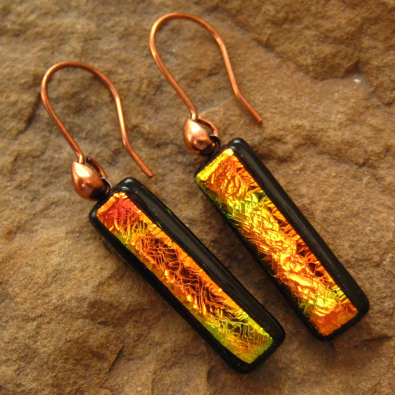 Fused Glass Earrings, Dichroic Fused Glass  Earrings - Sunset Copper Dangles