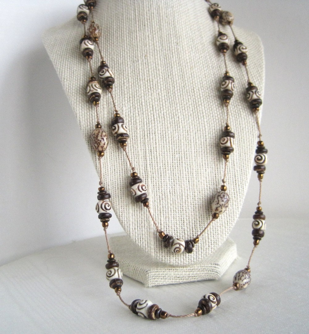 Long Carved Bone Necklace Tribal Hand Knotted