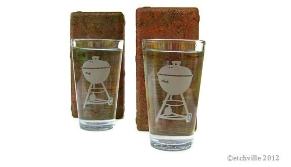BBQ Pint glasses, TWO etched, great  fathers day gift