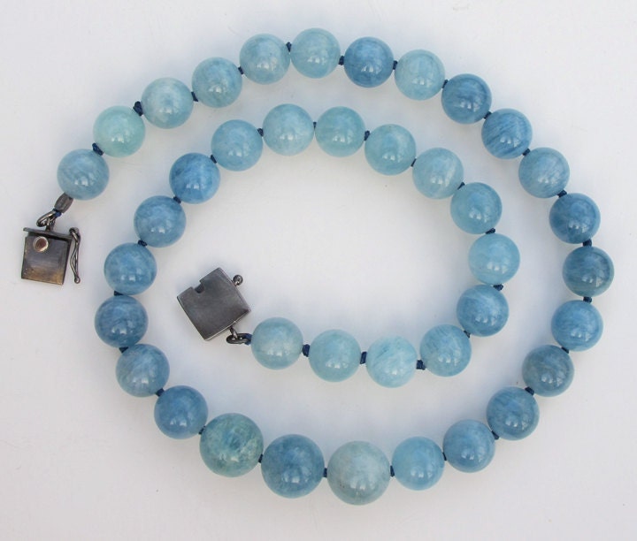 Blue Beryl Classic Style Necklace Hand Knotted Sterling Clasp